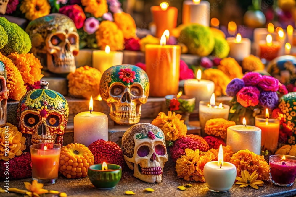 Fototapeta premium Vibrant Day of the Dead Altar with Sugar Skulls and Marigolds - High Depth of Field Stock Photo