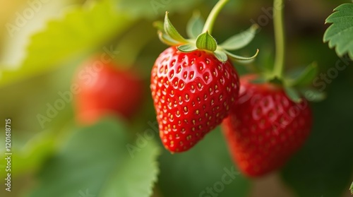 Close up shot of red strawberry fruit hanging from green stem