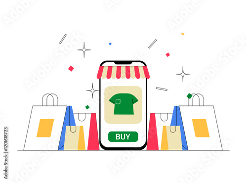 Smartphone With Shopping Bags In Flat Vector Illustration Symbolizing Online Shopping, Retail Convenience, And Digital Commerce, Isolated On White Background.