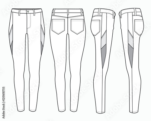 Ladies skinny jeans pants front, back and side view technical flat sketch vector mockup illustration.