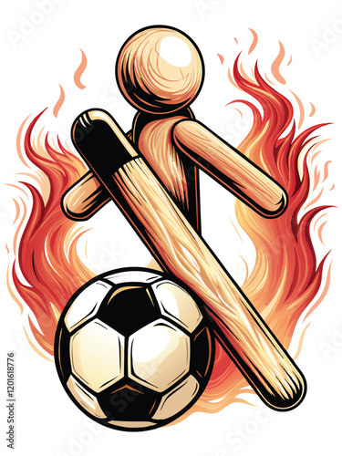 Design a quirky t-shirt featuring a matchstick figure playing soccer, incorporating playful graphics and vibrant colors.