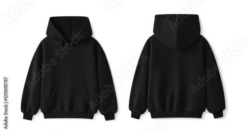 Black Blank Hoodie Mockup Front And Back Isolated On White Background	