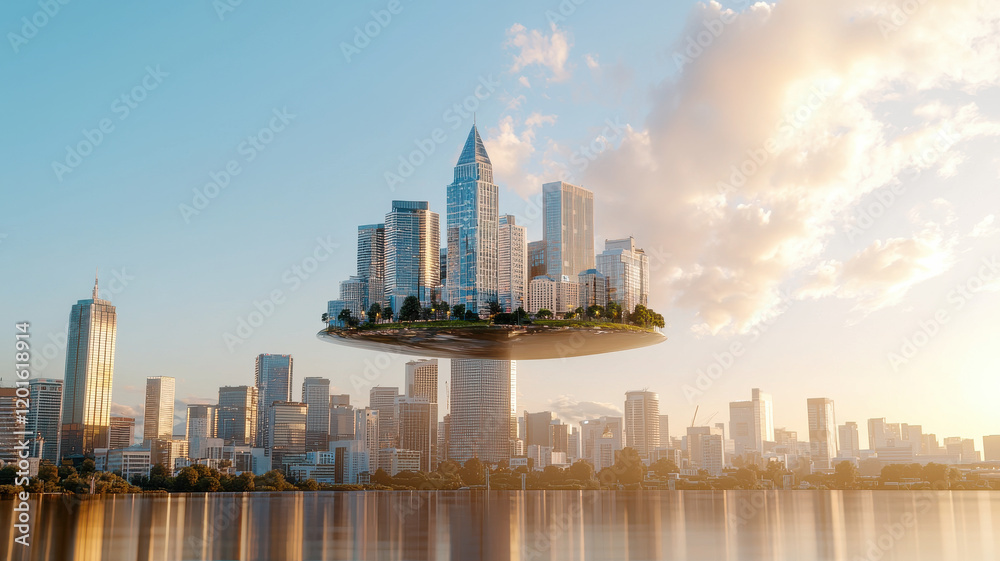 Fototapeta premium futuristic digital city model floating above serene landscape
