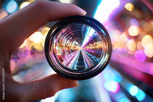 close-up of a microscope lens reflecting a colorful slide, student hands adjusting focus