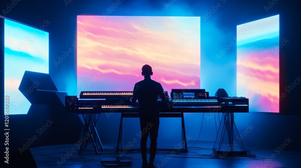 Fototapeta premium A musician composing music using digital instruments and live looping techniques in a futuristic studio setup, Digital music composition scene, Innovative style