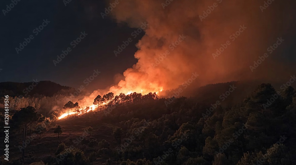 Fototapeta premium Raging Wildfire Through Maribous Jungle at Night