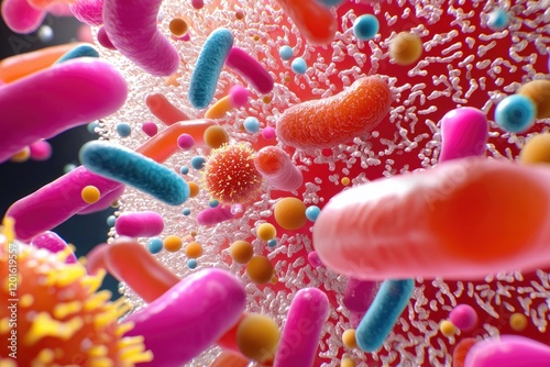 microscope examining vibrant bacteria colonies on a glass slide, editorial style, neutral background