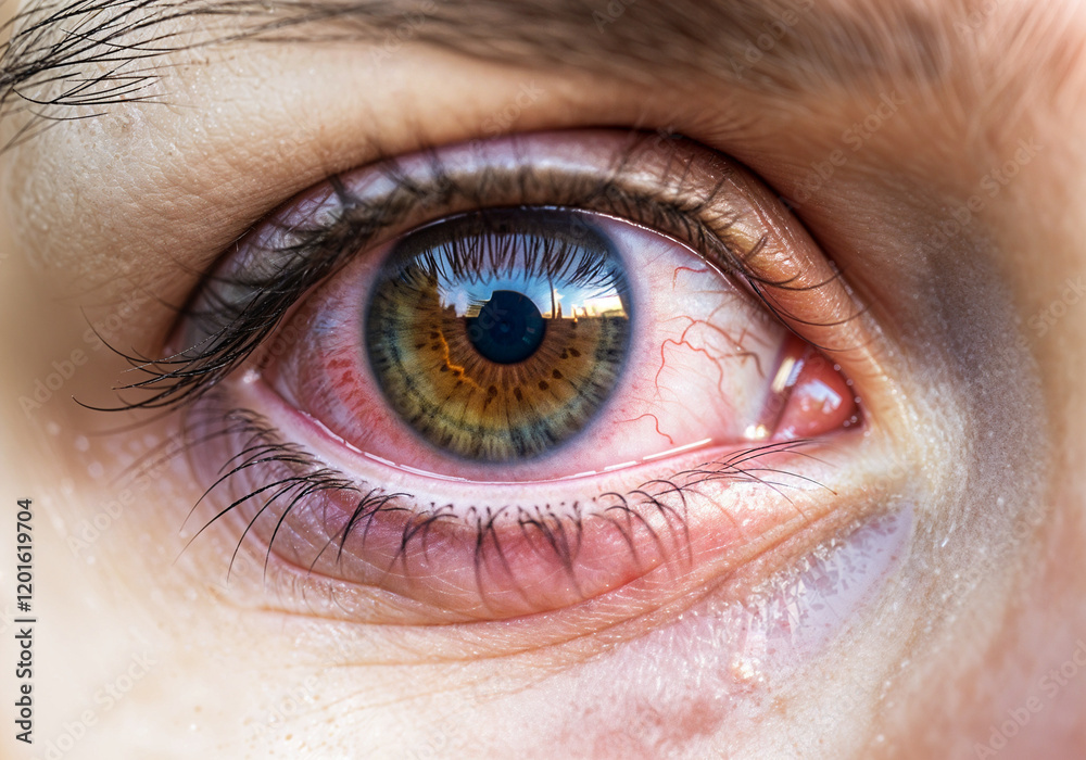 Obraz premium Red irritated eye showing inflammation and blood vessels, possibly due to conjunctivitis or other eye conditions