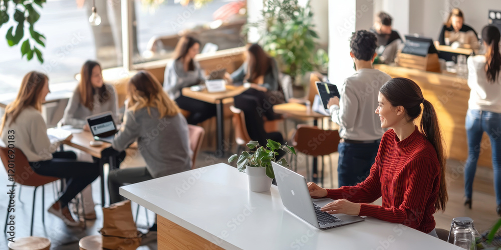 busy cafe scene with people working on laptops and enjoying coffee busy cafe scene with people working on laptops and enjoying coffee