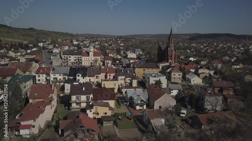 Biezdziedza, Poland - 9 9 2018: Photograph of the old part of a small town from a bird's flight. Aerial photography by drone or quadrocopter. Advertise tourist places in Europe. Planning a