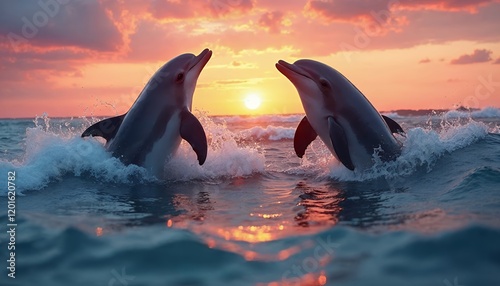 Two Dolphins Jumping Sunset Ocean Wildlife Photo photo