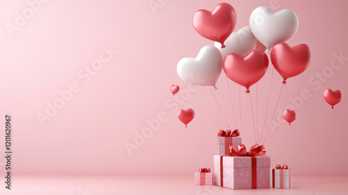 Beautiful gift box and heart-shaped balloons. Banner for Valentine's Day, Birthday, Anniversary, Mother's Day, March 8. Copy space
