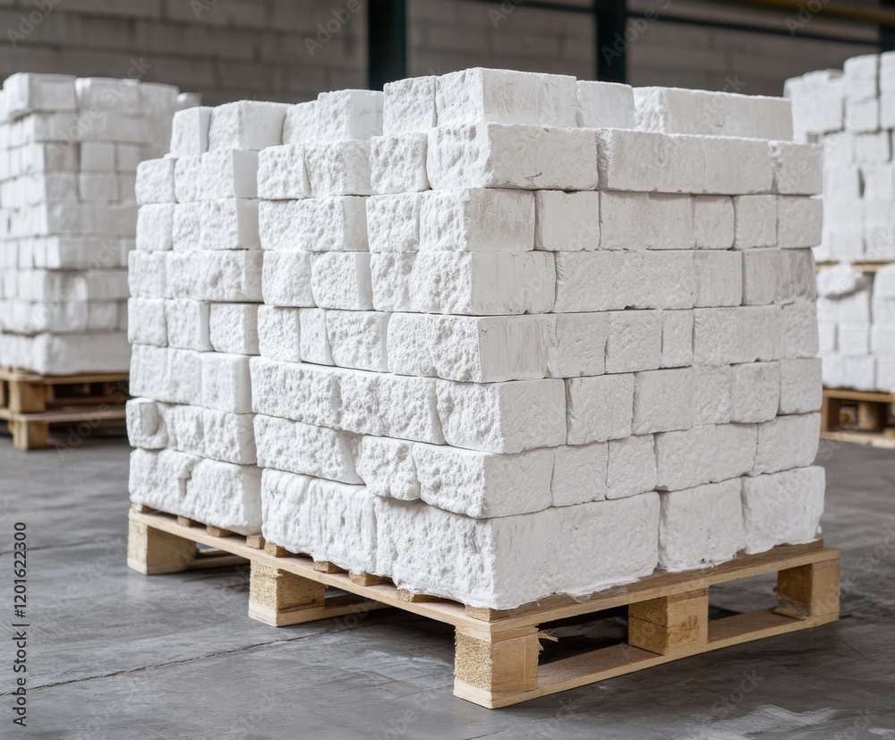 Obraz premium White building blocks arranged on pallets in a warehouse for construction projects