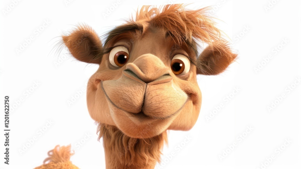 A charming cartoon camel with floppy ears and a fluffy hump, smiling mischievously with tiny teeth, its sandy fur adding to its playful charm A charming cartoon camel with floppy ears and a fluffy hump, smiling mischievously with tiny teeth, its sandy fur adding to its playful charm