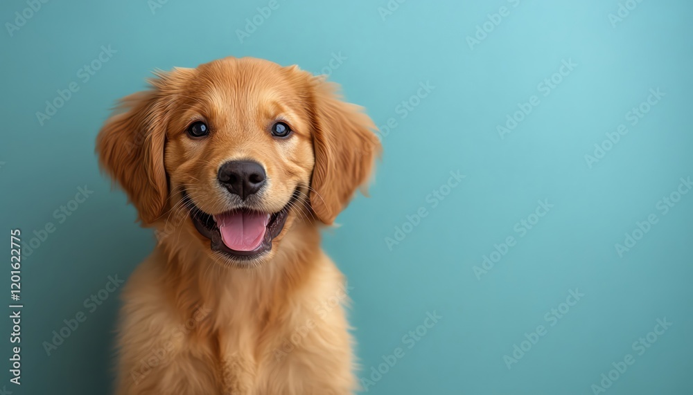 Golden retriever puppy with a joyful expression, light blue background Golden retriever puppy with a joyful expression, light blue background