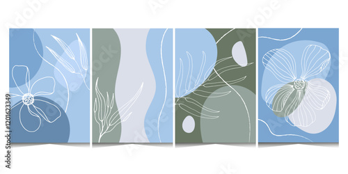Abstract blue and green covers set in A4 format. Isolated on white background. Abstract hand draw colored spots, lines, leaves. Printable backgrounds for school notebooks, notepads, diaries, folders.