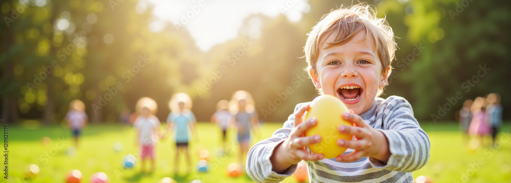 Fototapeta premium Excited child running with an Easter egg during a hunt