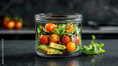 Fresh Salad in Glass Jar on Kitchen Counter - Healthy Eating and Culinary Inspiration photo