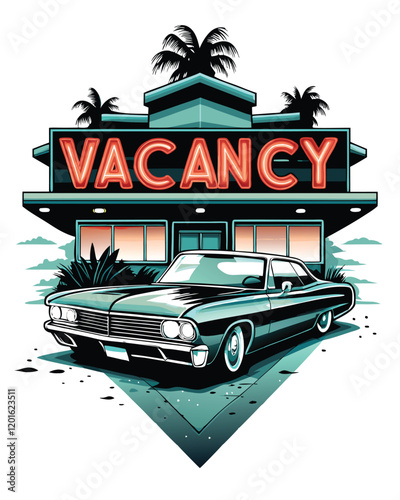 Retro motel poster featuring a classic car parked in front of a vintage building with neon sign.