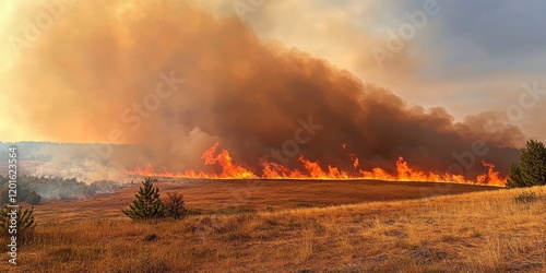 Forest fire spreading across dry grassland with intense flames and smoke