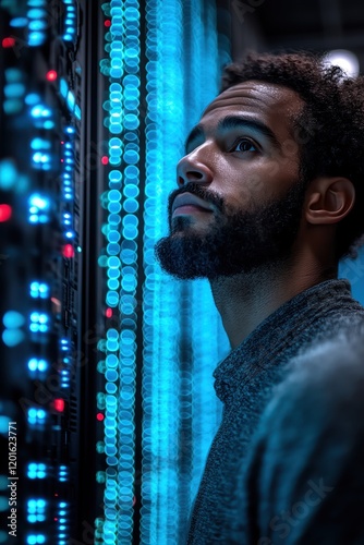 Man in server room, blue lights, technology, thoughtful, hightech environment photo