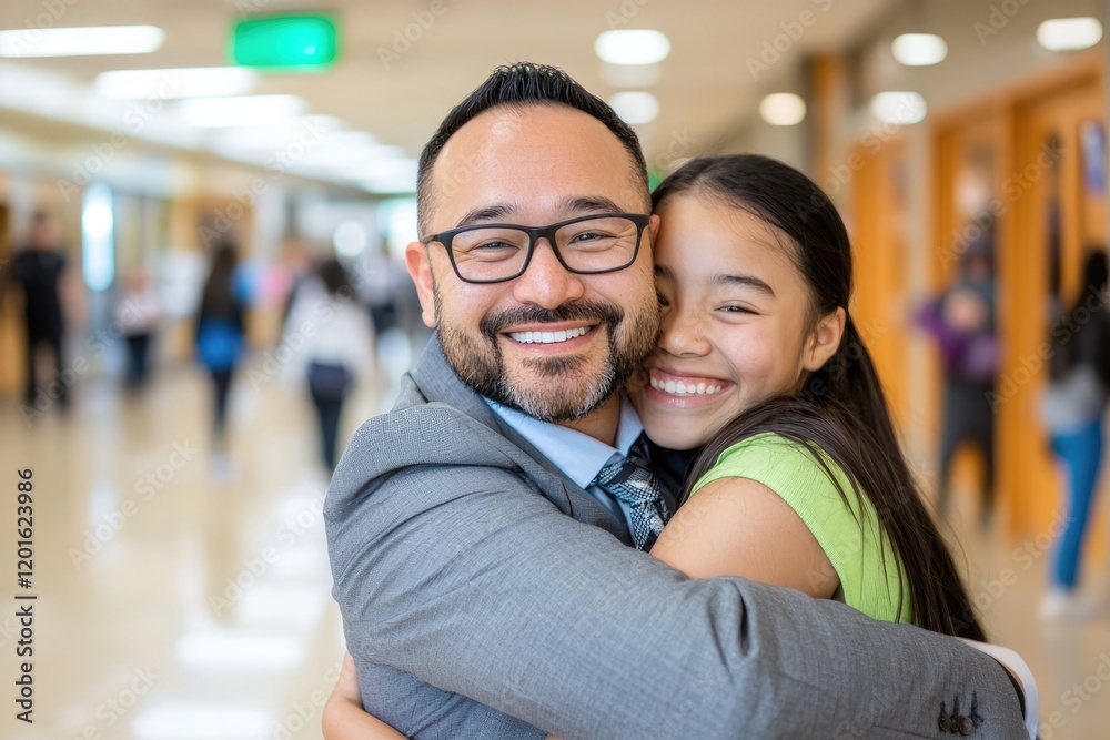 Educator embracing enthusiastic student after achieving a big goal, softly lit environment Educator embracing enthusiastic student after achieving a big goal, softly lit environment