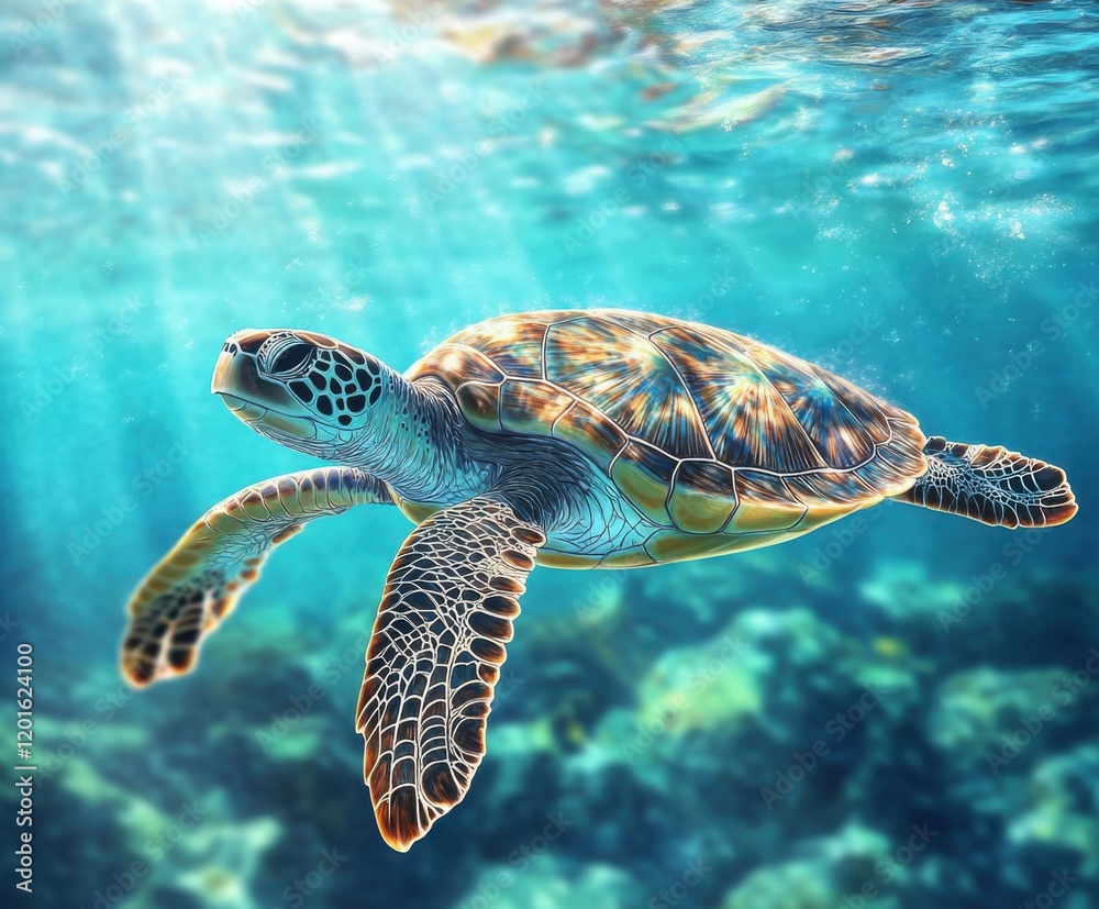 Obraz premium Colorful sea turtle gliding gracefully through clear ocean waters in vibrant underwater setting during daylight hours