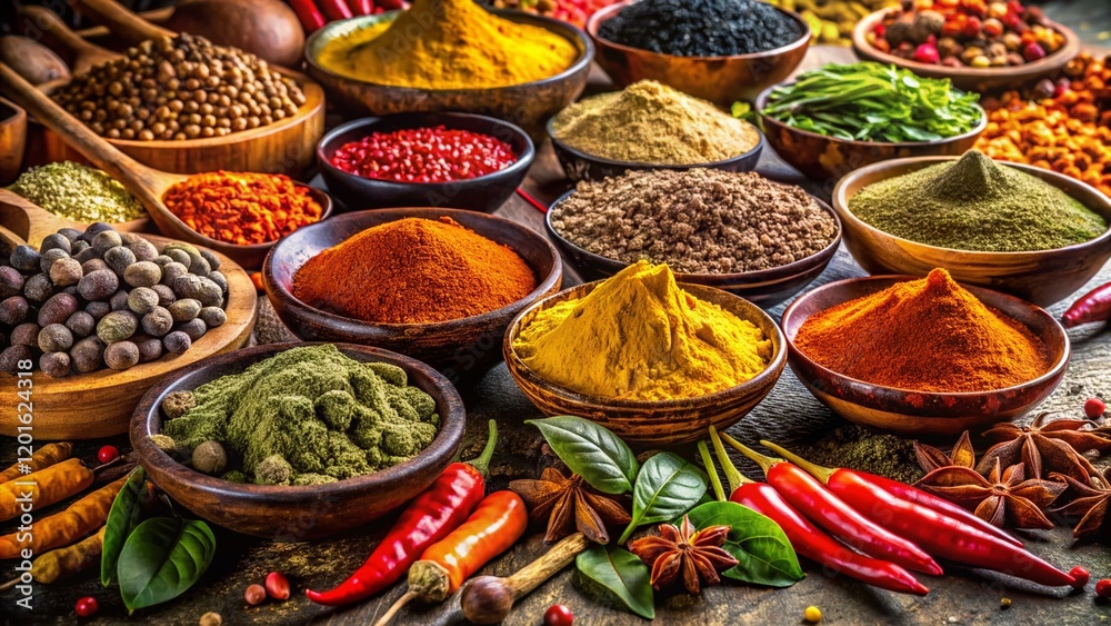 Fototapeta premium Vibrant Indian Spices & Herbs: Aromatic Culinary Collection