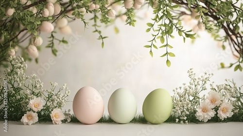 Easter display brightens any tabletop beautifully. A serene arrangement of pastel-colored eggs surrounded by delicate flowers and greenery, evoking a tranquil springtime atmosphere.