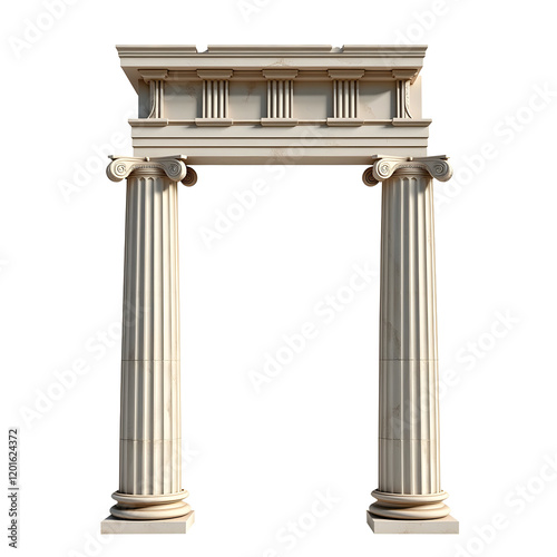 Majestic classical archway, two fluted Doric columns stand tall, supporting a detailed entablature .  Ancient Greek architectural elegance., cut out,transparent background