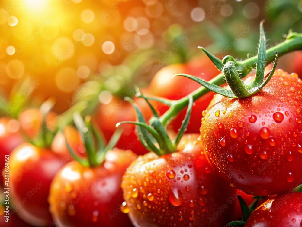 Vibrant Juicy Tomatoes on the Vine with Bokeh Background - Stock Photo Vibrant Juicy Tomatoes on the Vine with Bokeh Background - Stock Photo