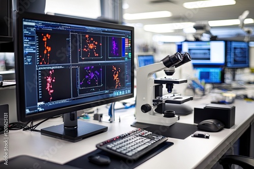 laboratory setting with microscope and vivid images highlighting optical technology and clarity