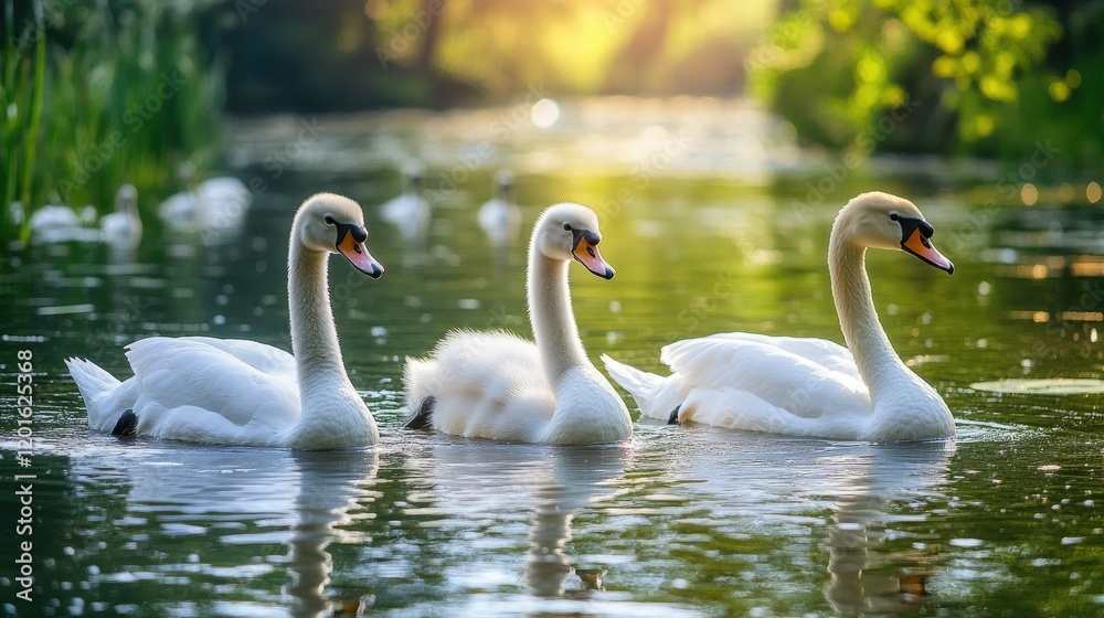 Three cygnets swim in a shallow, greenish pond surrounded by tall grasses. Three cygnets swim in a shallow, greenish pond surrounded by tall grasses.