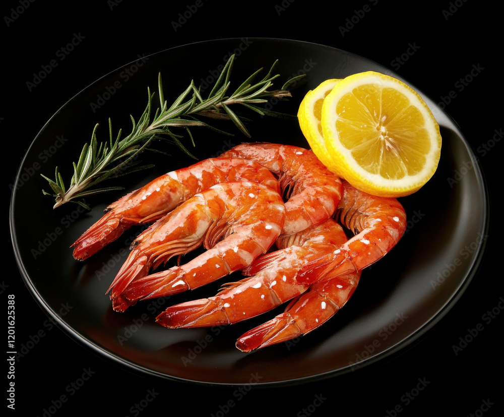 Delicious grilled shrimp served on a black plate with fresh lemon and rosemary Delicious grilled shrimp served on a black plate with fresh lemon and rosemary