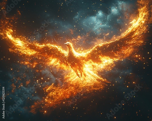 Fiery phoenix soaring through a cosmic nebula. photo