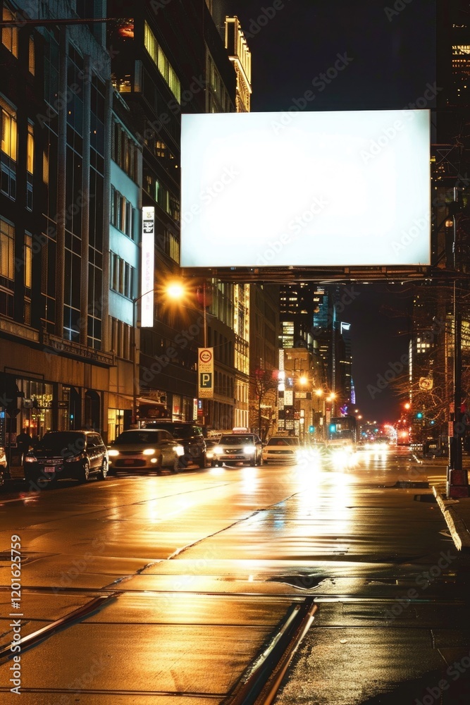 Night Cityscape with Illuminated Empty Billboard on Street.