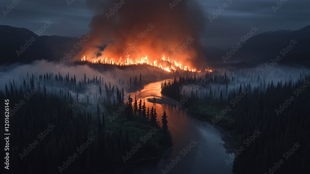 Fototapeta premium Devastating Forest Fire Consuming Lush Landscape