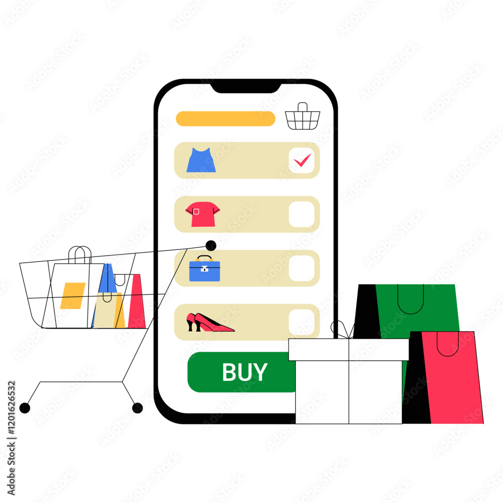Mobile Phone With Shopping Cart And Bags In Flat Vector Illustration Symbolizing Online Shopping, E Commerce, And Digital Retail Transactions, Isolated On White Background. Mobile Phone With Shopping Cart And Bags In Flat Vector Illustration Symbolizing Online Shopping, E Commerce, And Digital Retail Transactions, Isolated On White Background.
