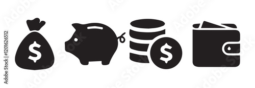 Finance icons. Business Icons, money signs. Money, budget, savings, loan, cash, earning, income, wallet, currency, dollar, card, coin, revenue, piggy bank, and profit icon set.