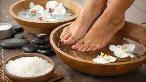 Spa pedicure, feet soaking in wooden bowl, white orchids, smooth skin, relaxation, glass bowls with salt, dark wooden table, hot stones, soft lighting, beauty treatment, close-up, zen atmosphere