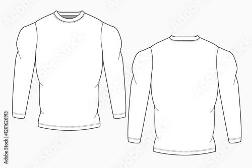 Long sleeve compression t shirt for men front and back view technical flat sketch vector mockup illustration.