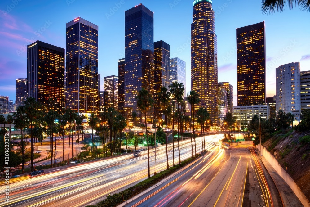 Obraz premium Vibrant urban skyline at dusk, highlighting architectural contrasts and soft ambient lighting