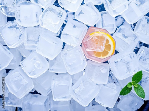Crystal clear ice cubes glistening in a glass of refreshing lemonade, adding a touch of coolness to the fruity beverage, invigorating, ice cubes, chilling