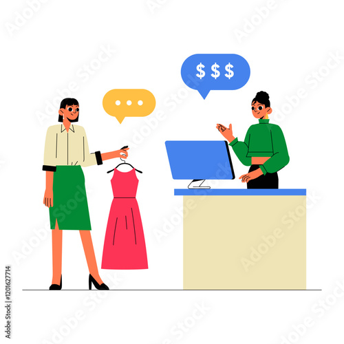 Female Shopper Holding A Dress Talking To Cashier At Counter In Flat Vector Illustration Symbolizing Shopping, Customer Service, And Retail, Isolated On White Background.