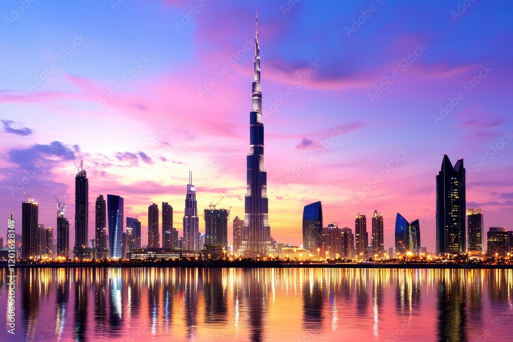 Obraz premium Dusk cityscape featuring a silhouette of famous skyscrapers with soft pink and purple skies