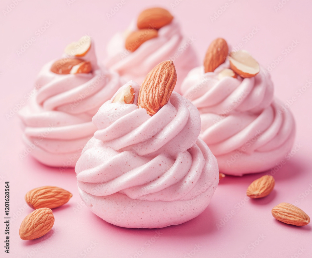 Sweet meringue treats topped with almonds on a pink background create a delightful dessert display Sweet meringue treats topped with almonds on a pink background create a delightful dessert display