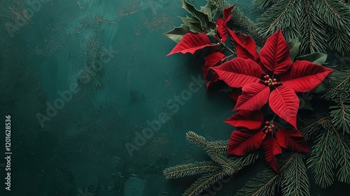 A festive arrangement featuring a vibrant red poinsettia flower at the center,