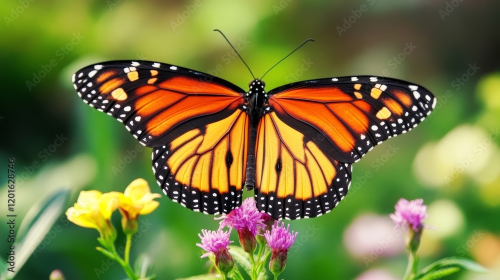 Harmony of Nature: Butterfly Among Vibrant Flowers in Thriving Ecosystem Harmony of Nature: Butterfly Among Vibrant Flowers in Thriving Ecosystem