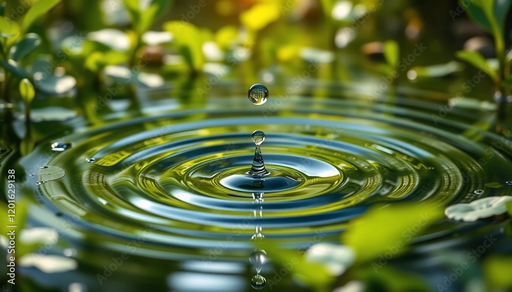 Clear water droplet on a leaf creating a ripple effect Clear water droplet on a leaf creating a ripple effect