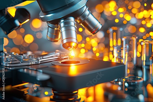 microscope eyepiece during chemical analysis, surrounded by test tubes